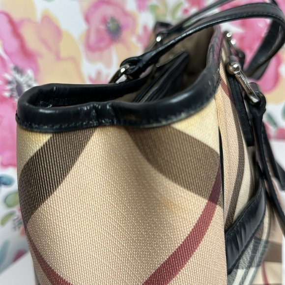 💯Authentic  BURBERRY HAYMARKET CHECK TOTE BAG LEATHER  HANDBAGS WOMEN🍀 - Picture 12 of 17